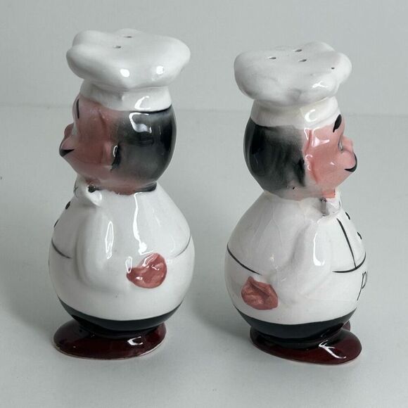 Vintage Japan Made Italian Chef Salt And Pepper Shakers 4.5" Black White Ceramic - Picture 3 of 8